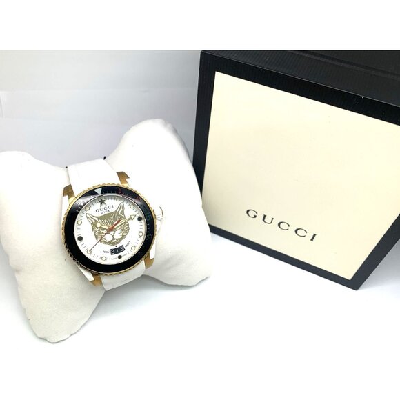 GUCCI Men's Watch YA136322 Dive Cat Swiss Quartz Gold White Rubber Strap 40mm - Picture 3 of 13